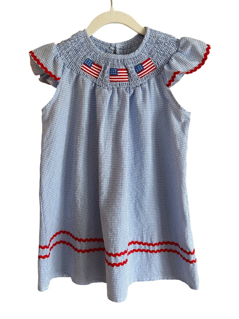 Girls American Flag 4th of July Patriotic Angel Wing Smocked Dress Size 120